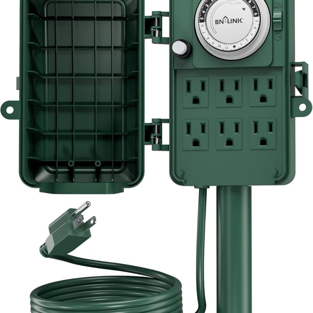 24 Hour Mechanical Outdoor Multi Socket Timer, 6 Outlet Garden Power Stake with